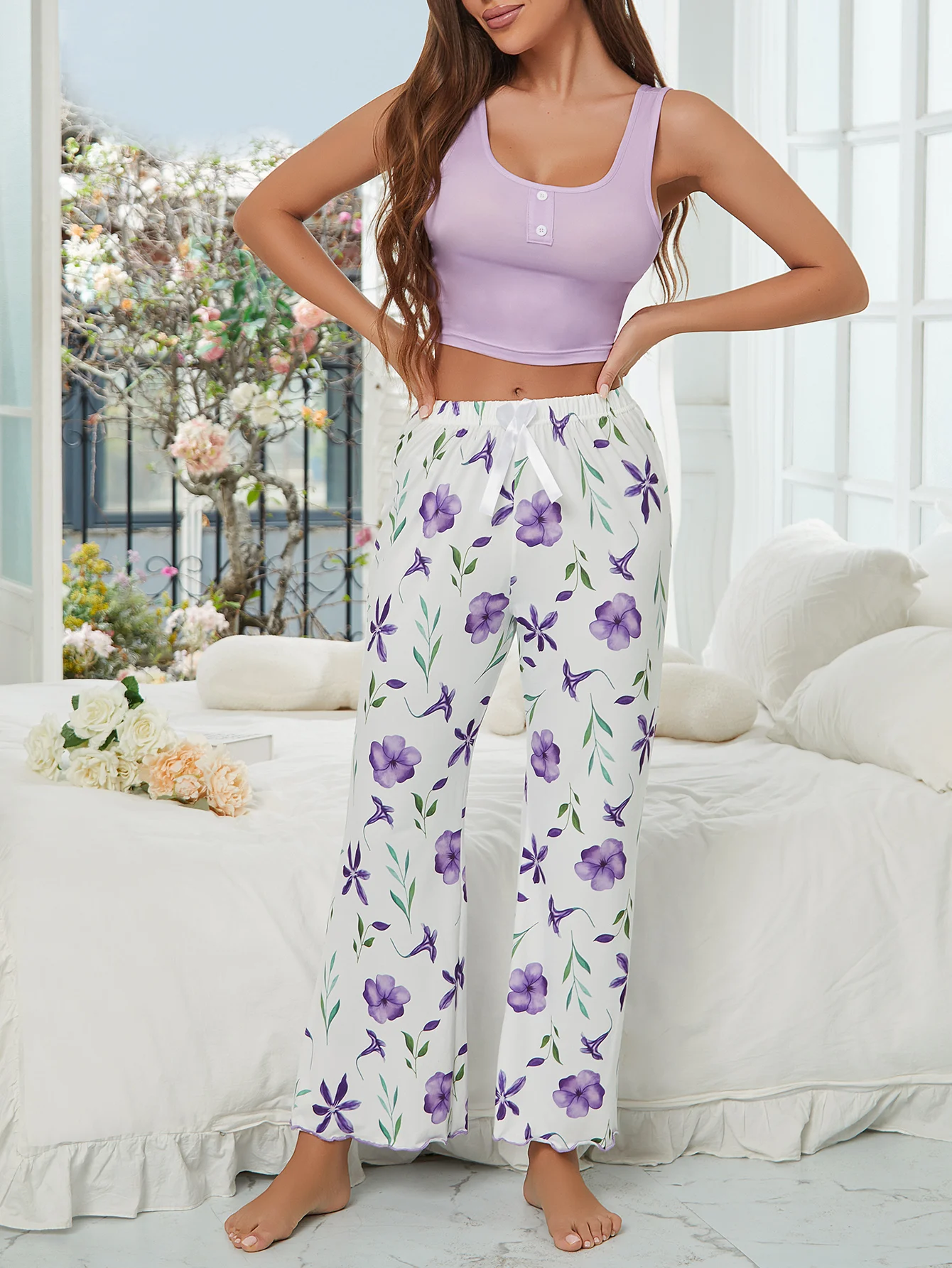 

Women Tank Crop Top with Trousers 2Pc One Set Sleepwear with Flower Print,Sleeveless Top and Pants Comfy Pajama Sleepwear