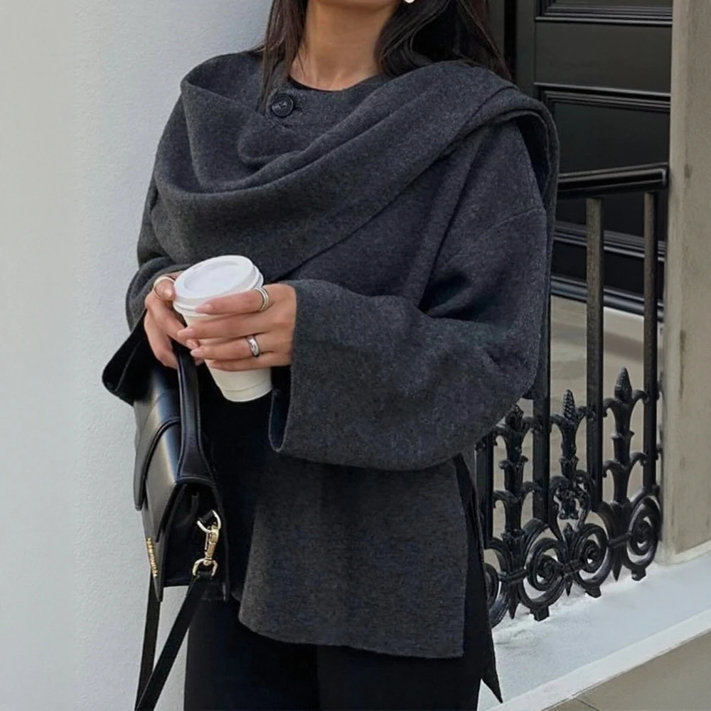 

Женское осенне-зимнее пальто, удобная однотонная свободная одежда с высоким воротником и длинными рукавами, повседневная базовая верхняя одежда