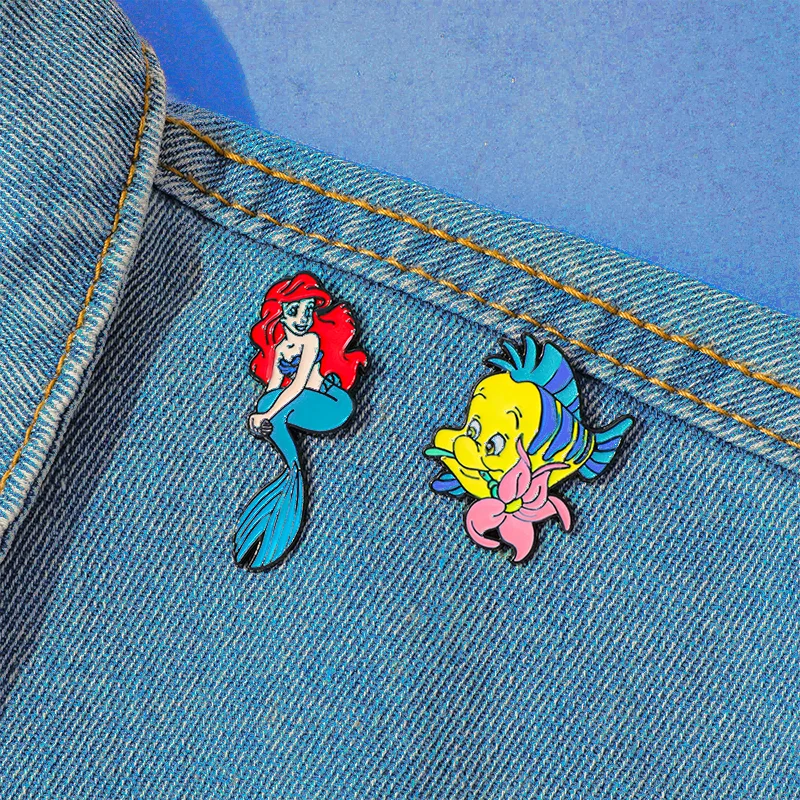 Disney Mermaid And Fish Brooch, Cute Cartoon Metal Badge, Backpack Hat Decoration Badge Accessories, Clothing Accessories
