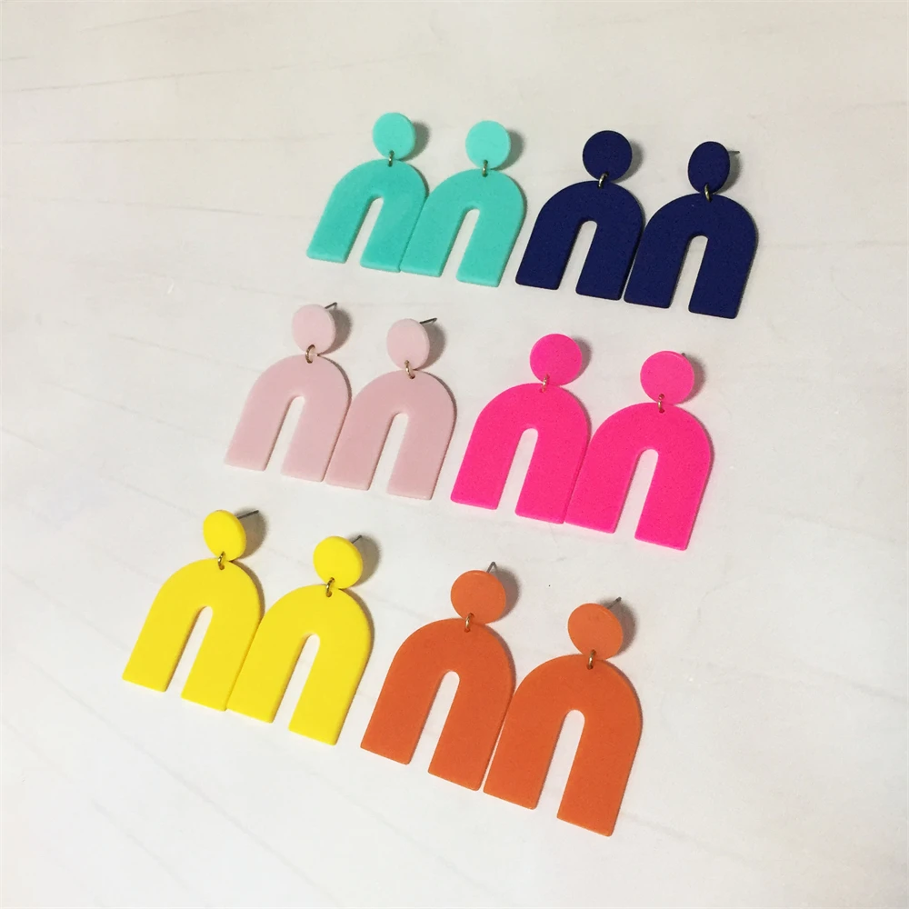 Women Geometric U Shape Acrylic Drop Earrings Matte Arch Statement Dangle Stud Earrings Colorful Lightweight Large Boho Earrings