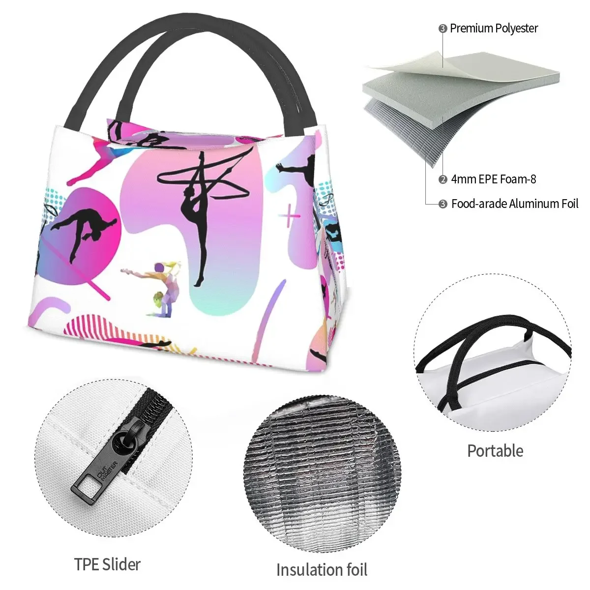 Gymnastics Print Lunch Bags Insulated Bento Box Waterproof Lunch Tote Leakproof Picnic Bags Cooler Thermal Bag for Woman Girl