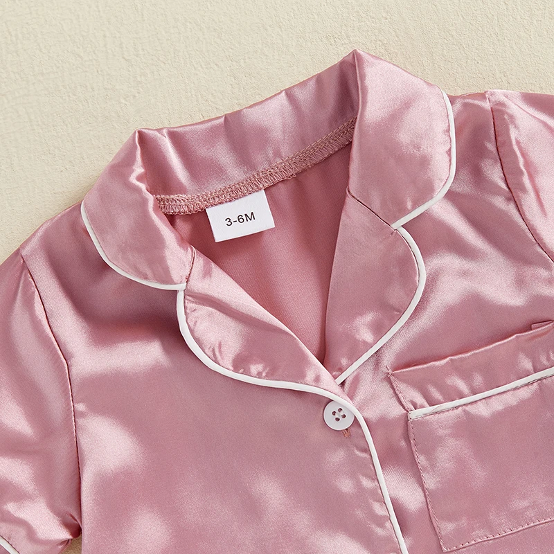 Blotona Piyama Satin Bayi Laki-laki Perempuan Jumpsuit Warna Polos Berkancing Lengan Pendek Pakaian Tidur Balita Lucu