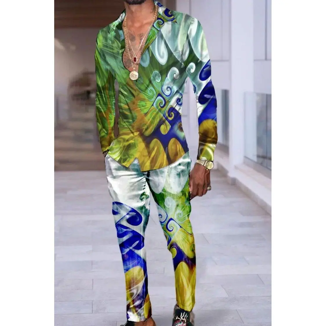 Camisa a Cuadros con Rayas Impresas en 3D para Hombre, Traje Casual de Moda para Otoño, Origen Chino, Manga Larga, Otro Material 100%