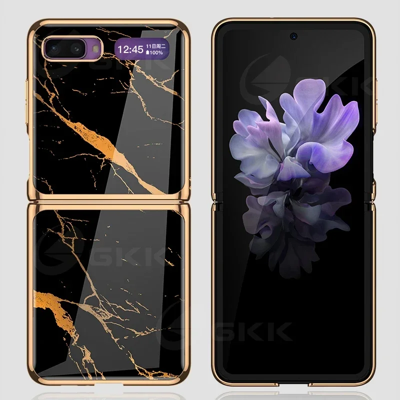 Painted Tempered Glass Case For Samsung Galaxy Z Flip Luxury Plating Edge Hard Frame Protective Cover For Galaxy Z Flip Case