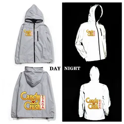 Candy Crush Saga Reflective Jacket Mens Womens Coat Hooded Windbreaker Run Pocket Jackets Cycling Hiking Zipper Custom Hoodie