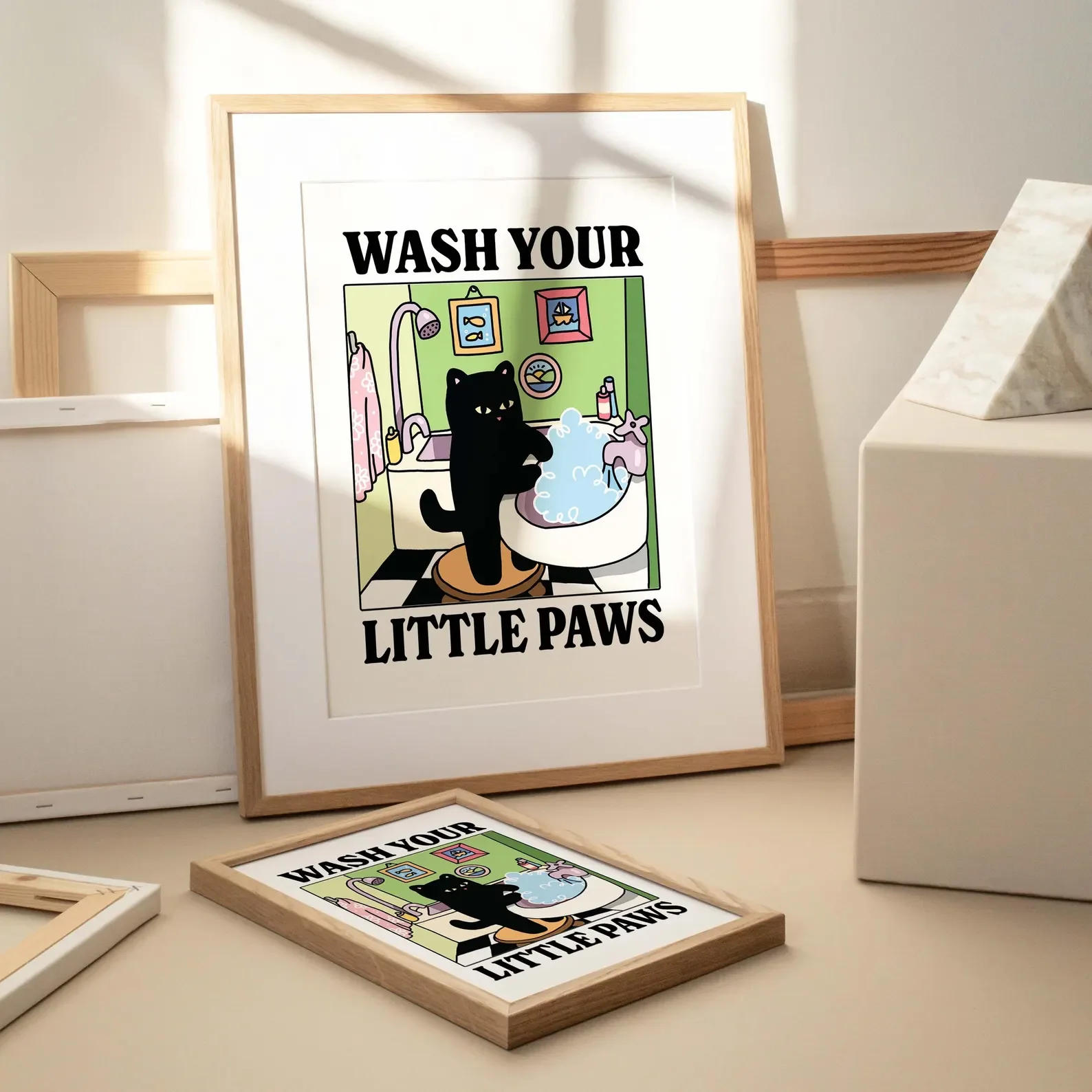 Wash Your Paws Green Cat Print Cute Bathroom Poster Wash Room Childrens Washing up Posters Kawaii Prints Decor Unique Cats Art