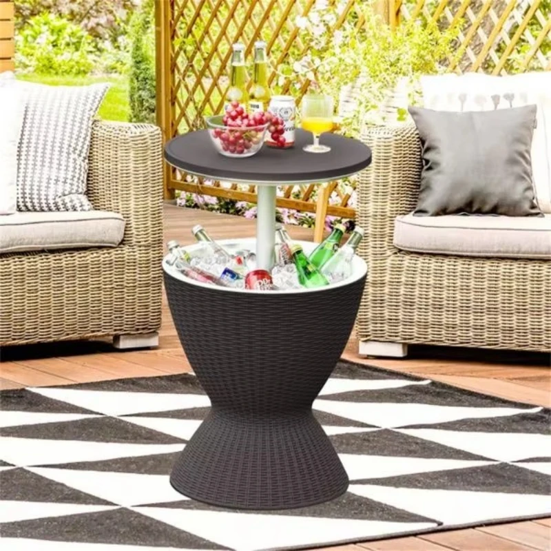 Black 8 Gallon 2 Height Adjustable Outdoor Table with Drain Plug, Imitation Rattan Freezer Side Table