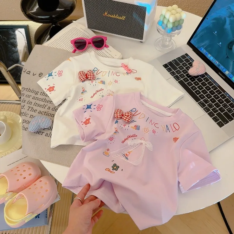 Bellbell Summer 1-17Y Children Girl Tee Muslin Cartoon Bow Infant Baby Girl Short Sleeves Print Round Collar Kids Girl Shirt Top