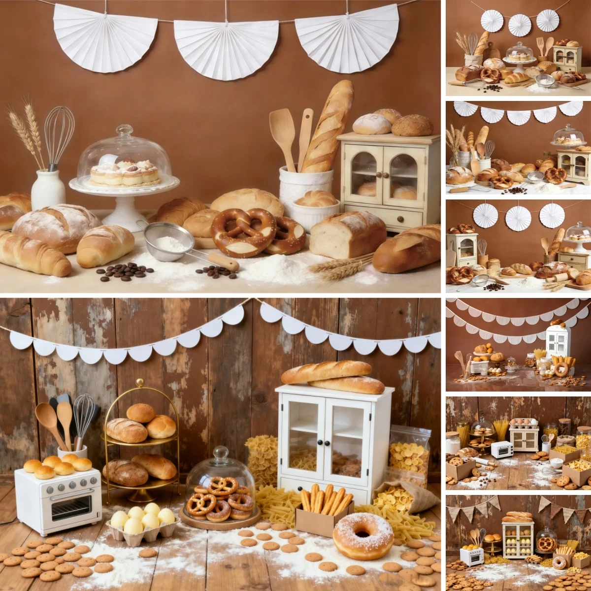 Retro Kitchen Photography Backdrop Brown Wooden Cabinet Bread Cookies Pastries Kids Adult Diy Cooking Portrait Photo Background