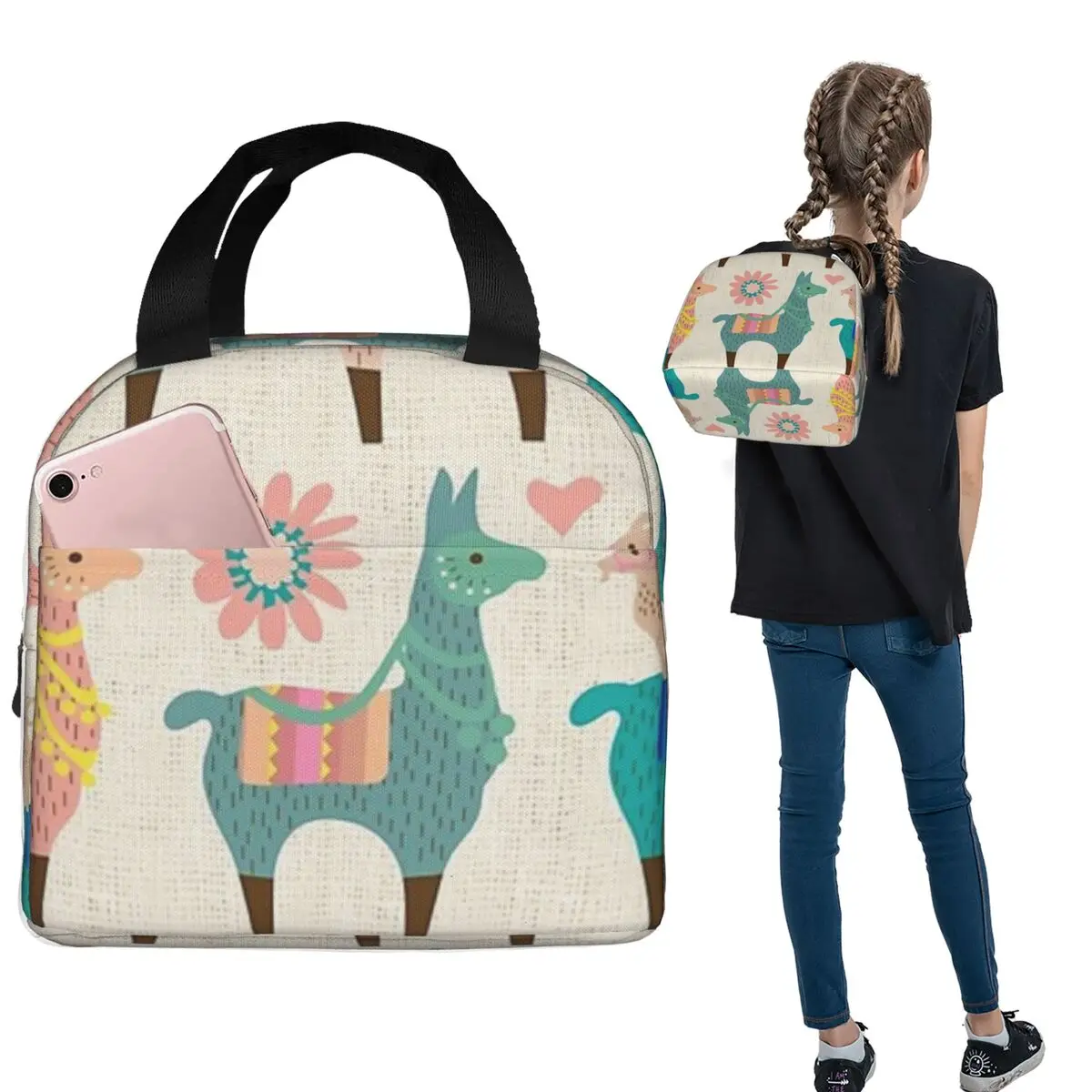 Llama Alpaca Animal Insulated Lunch Bag for Women Kids Portable Food Boxes Thermal Lunch Box Tote