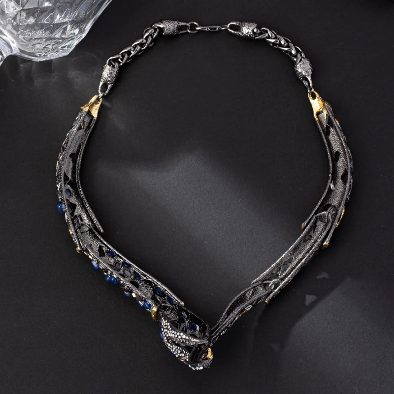 

9K 14K Real Black Gold Full Diamond Sapphire Snake Boa Necklace Bracelet Gemstone High Fine Jewelry Replica Duplicate Bijoux