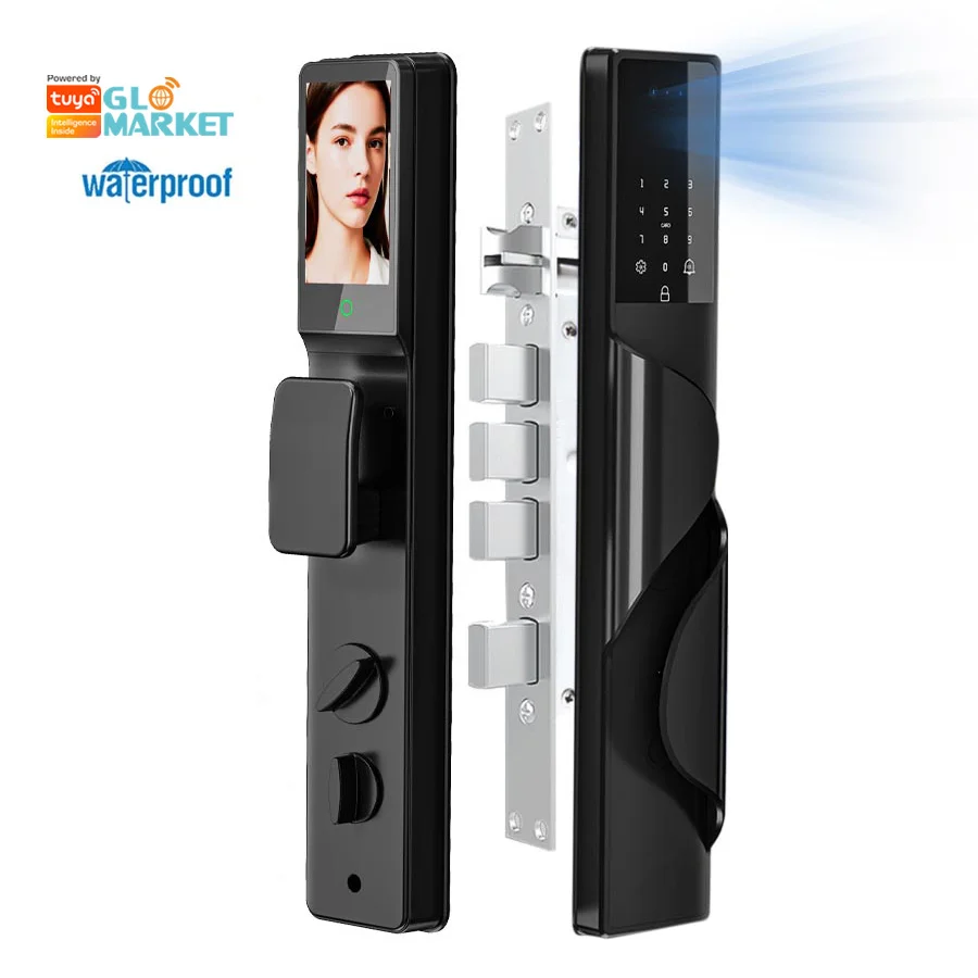 Glomarket 3D Facial Recognition Tuya WiFi Smart Door Lock Digital Fingerprint Card Code Key Video Intercom Waterproof Wood Door