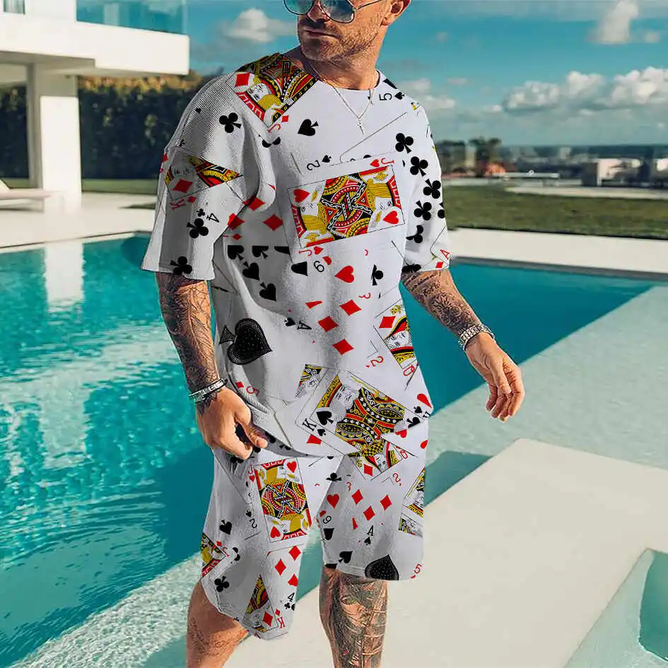 男性のズボンのトラックスーツ2個セット3Dプリント夏半袖tシャツ + ロングパンツ男性スポーツウェアストリート服