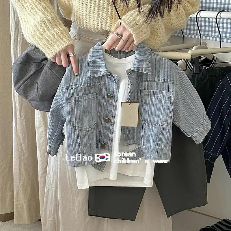 

Kids Boys' Denim Jacket Spring and Autumn New Collection Children's Striped Denim Jacket Baby Rascal Handsome Coat