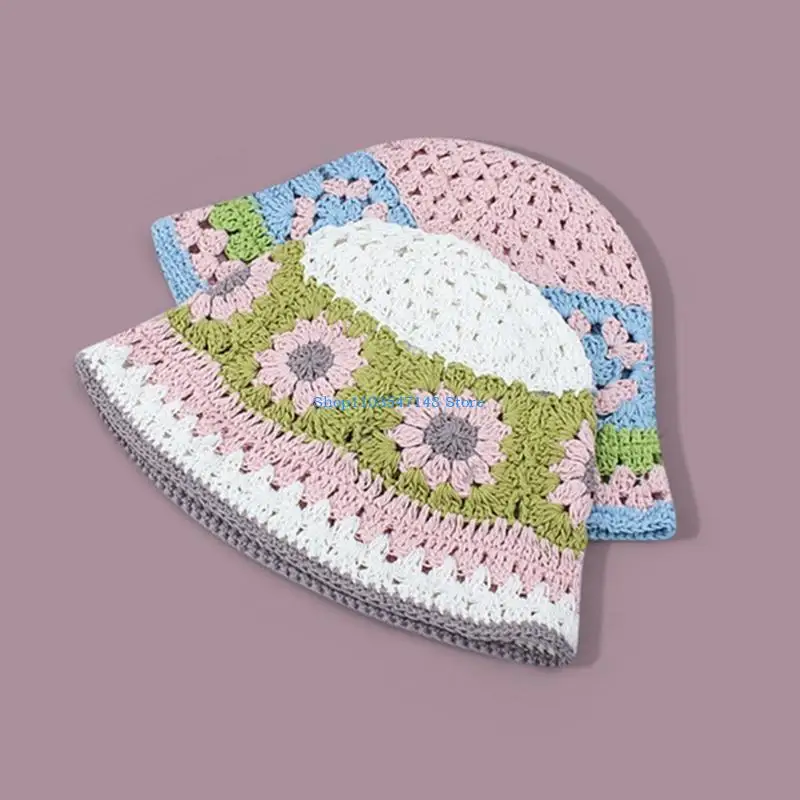 P88B الكبار زهرة الكروشيه قبعة دلو قبعة طوي واسعة حافة صياد قبعة تنفس