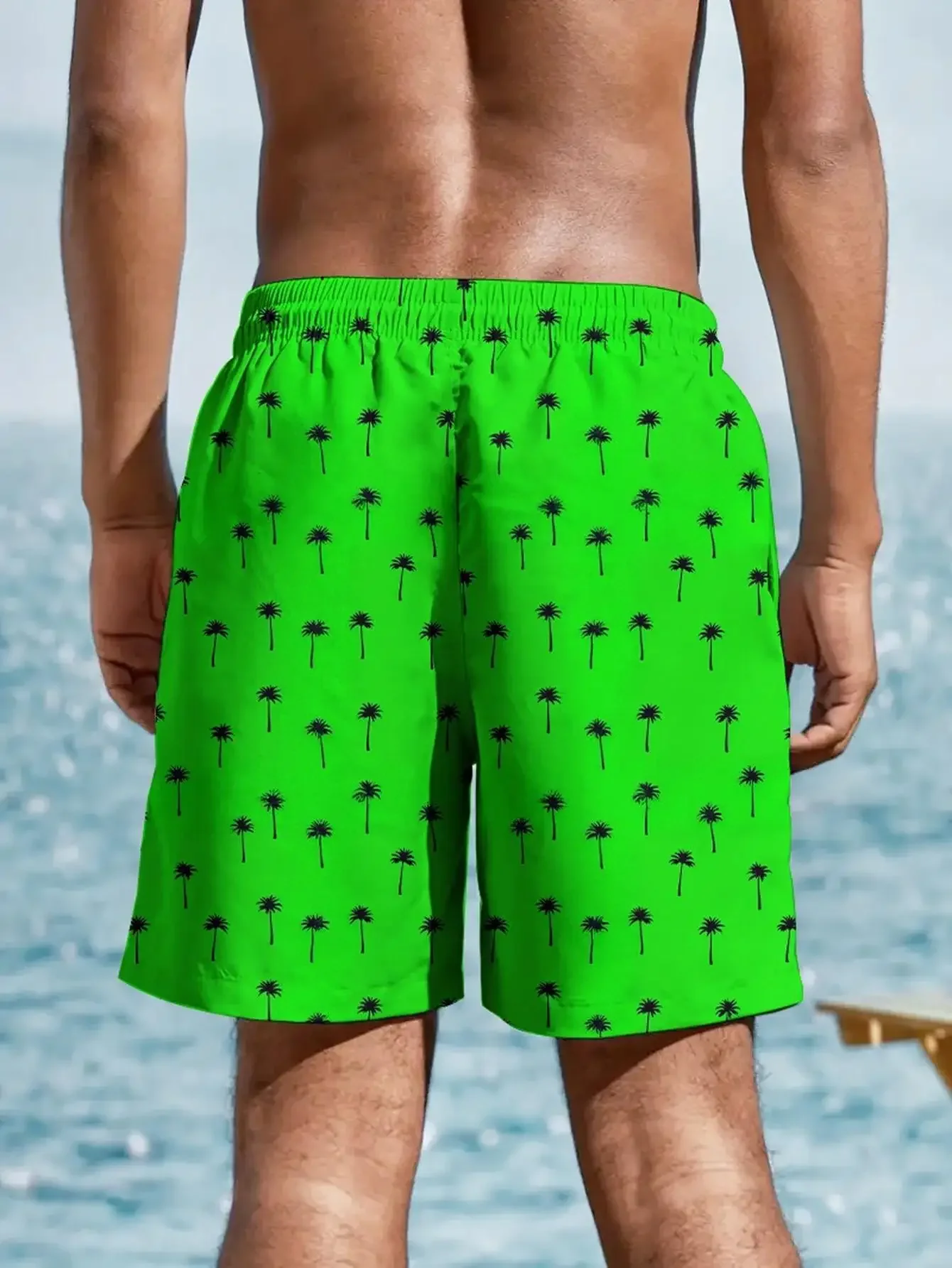 Men Hawaii Bright Green Mini Coconut Tree Swim Shorts, Quick Dry Fabric, Elastic Waist Drawstring Side Pockets Loose Boardshorts