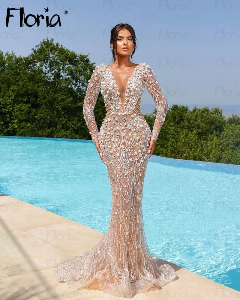 Dubai Luxury Evening Dresses com pescoço e pérolas frisadas, vestido longo sereia, vestidos formais de baile, festa de celebridades, mais novo