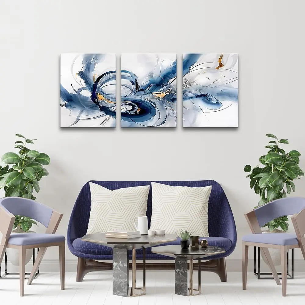 Modern Minimalist Blue Ink Art - 3-Piece Wall Decor for Home & Office