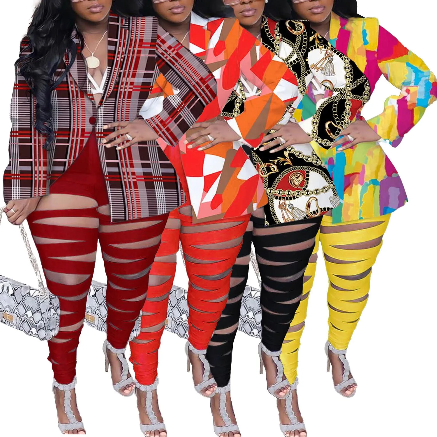 2XL-5XL 2024 African Sexy Club Outfits Plus Size Women Clothing Two Piece Sets Long Sleeve Print Coat and Hole Long Pant Suits