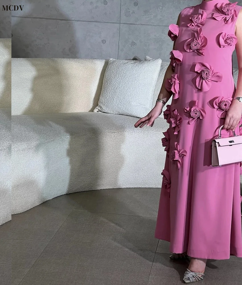 Personalizado temperamento jérsei a linha 3d flores vestido de noite sexy gola alta sem mangas tornozelo comprimento após vestido de festa