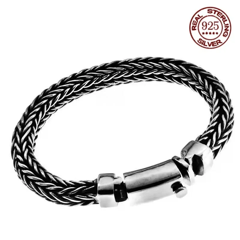 

S925 Sterling silver vintage pure hand-woven twist thick keel men's and women's bracelet personality jewelry