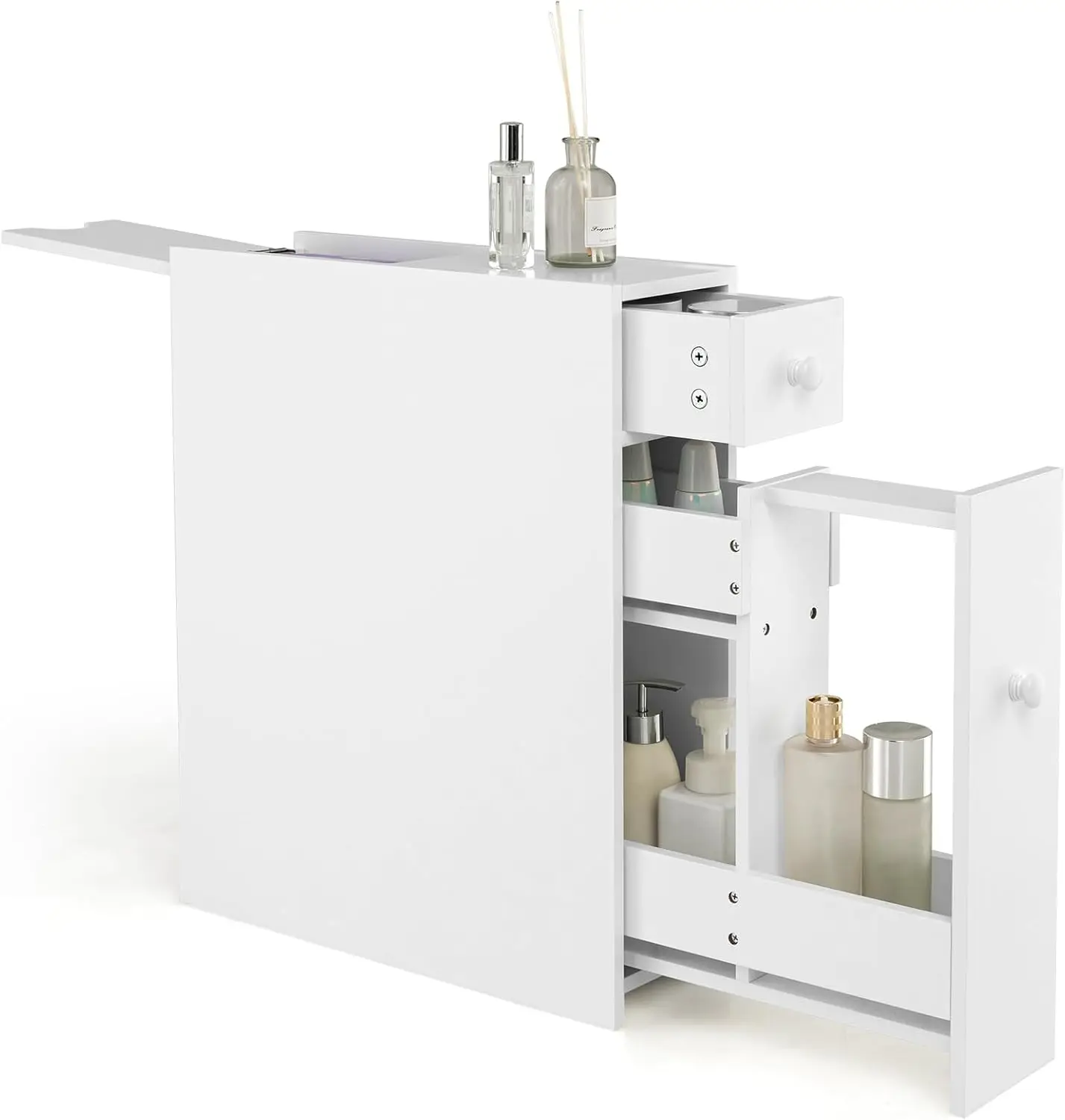 **/tex Slim Bathroom Cabinet, Freestanding Storage Cabinet, Toilet Paper Holder, Side Cabinet Storage Unit W/Pull-Out Drawer &