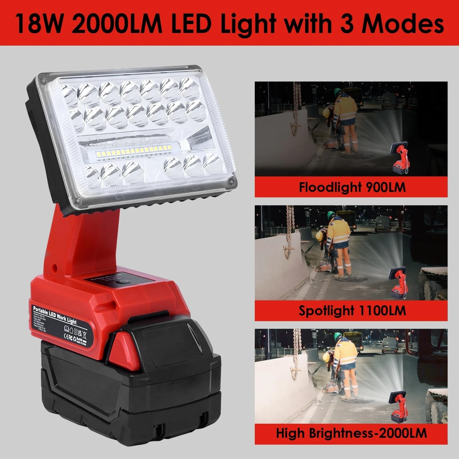Linterna portátil compatible con baterías de Milwaukee 18V 18W 2000LM led inalámbrico luz de trabajo proyector con puertos de carga rápida USB 90 ° foco de cabeza ajustable para sitios de trabajo acampar interior al aire libre 3 modos de iluminación