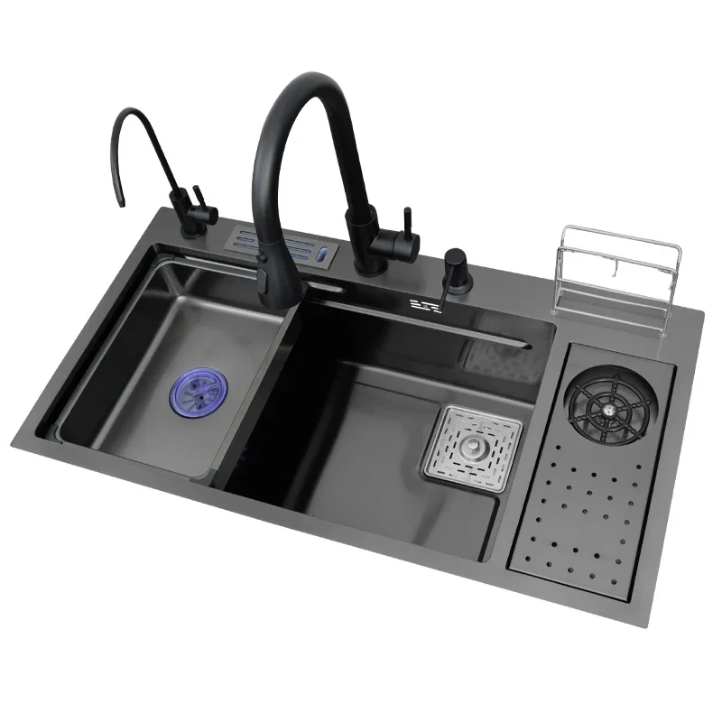 Black multifunctional sink with cup washer, large single slot, bottom basin, 304 stainless steel