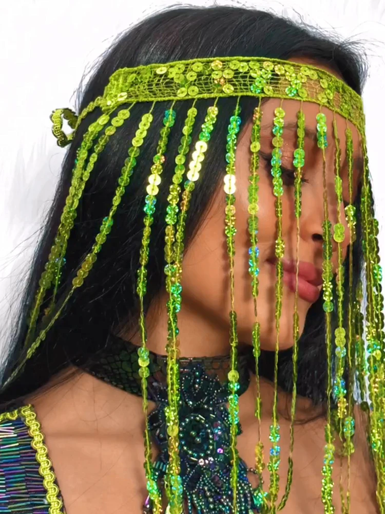 Women Acrylic Tassel Sequins Hairband Face Shield Hollow Out Bandage Scarf Decoration Rave Festival Party Luxury Accessories
