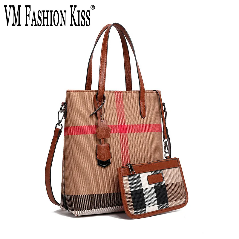 VM FASHION KISS 2024 New Stripe Casual + PU Leather HandBags High Capacity Luxury Shoulder Bags Casual Designer Trends Handbag