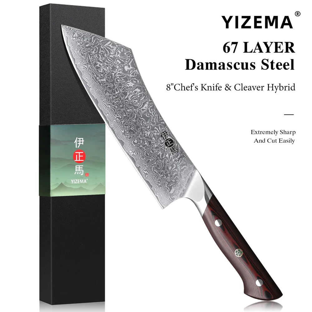 YIZEMA 8-Zoll Kochmesser & Hackmesser Hybrid Professionelles Japanisches Damaszener Stahl Scharfes Fleisch- und Gemüsemesser Küchenwerkzeuge