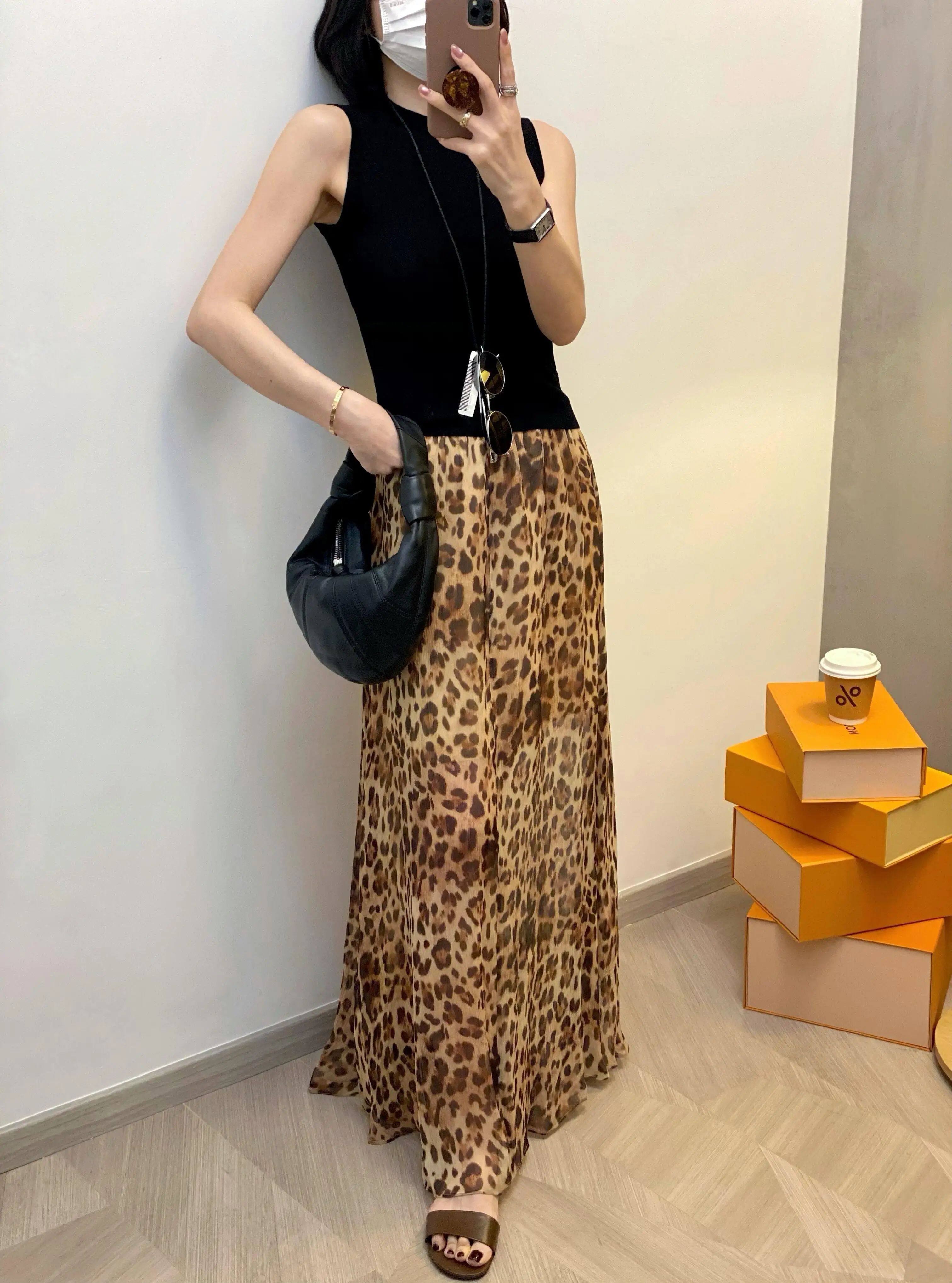  Minimalist Leopard Print Halter Neck  Dress Women's Summer New Style Casual High Quality Chiffon Skirt