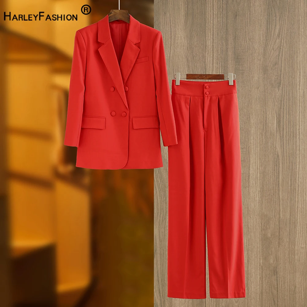 

Spring Autumn New Design Bright Red Runway Blazer Suits Straight Loose Street Women 2PCS Pants Sets