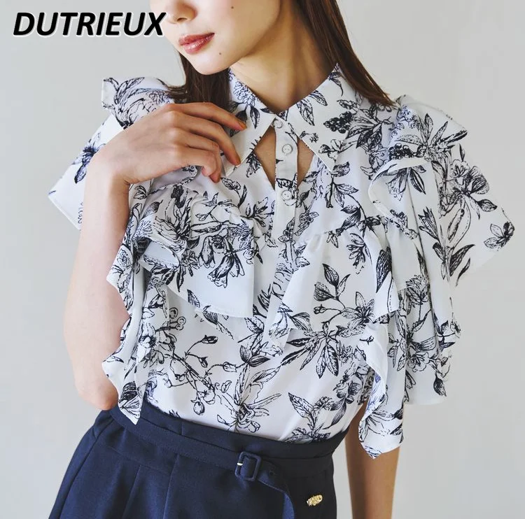 

Women's Collared Blouse 2023 Summer New Design Sense Ruffled Stitching Camisas Heavy Industry Short Sleeve Shirt Ladies Top