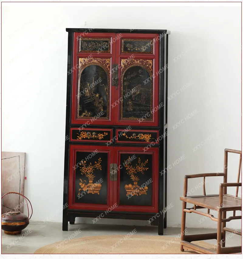 

Chinese classical solid wood furniture antique hand-painted red and black gold-painted bookcase