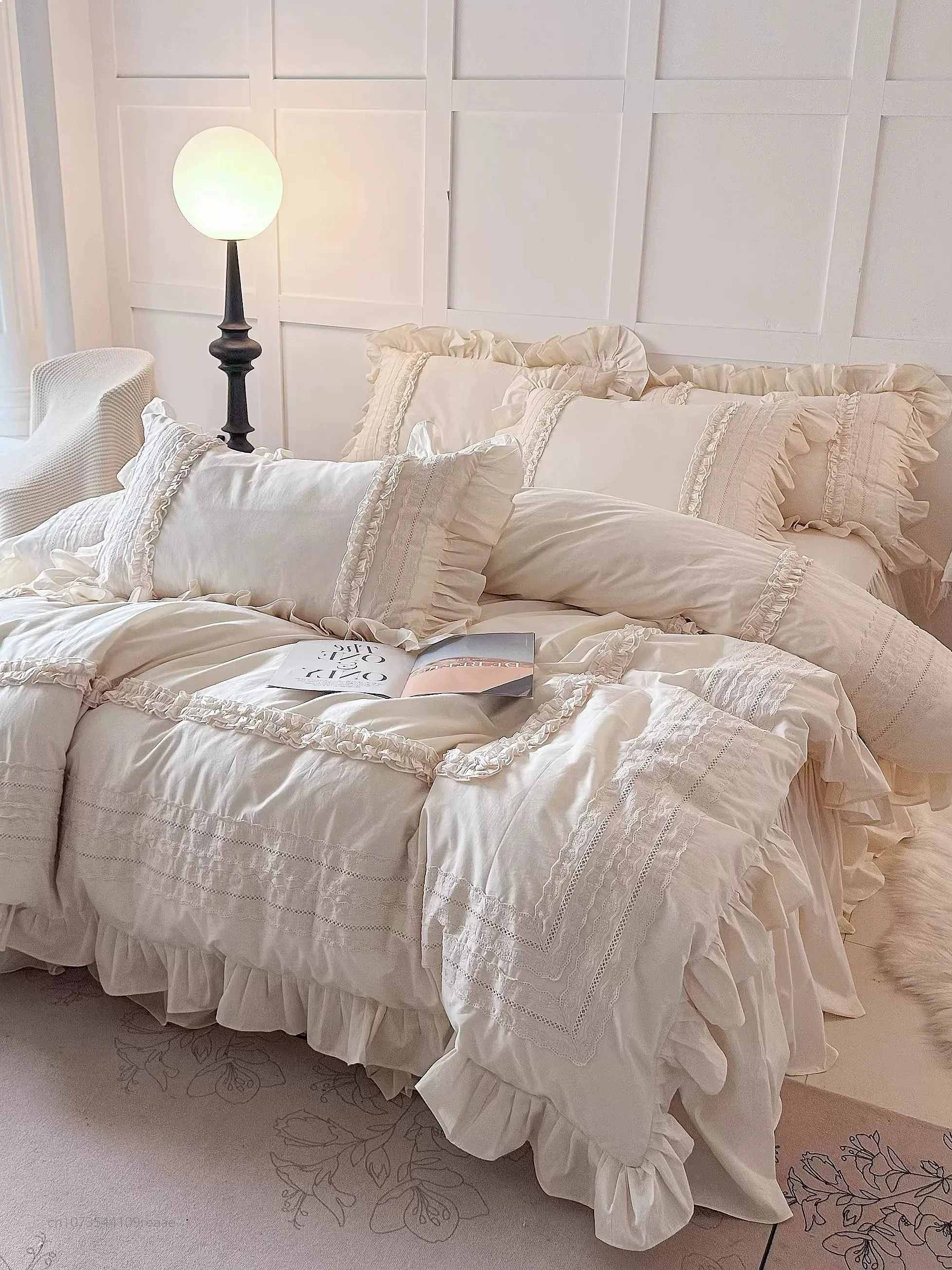 French Romantic Cream Cotton Washed Cotton Bed Skirt 4pcs Lace Trim Luxury Duvet Cover Sheet Set