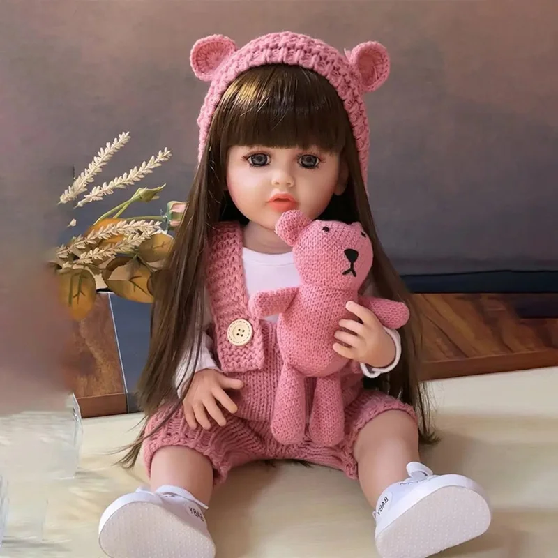 Pink Hugging Bear Long-Haired Doll 55cm Realistic Baby Reborn Doll Companion for Kids