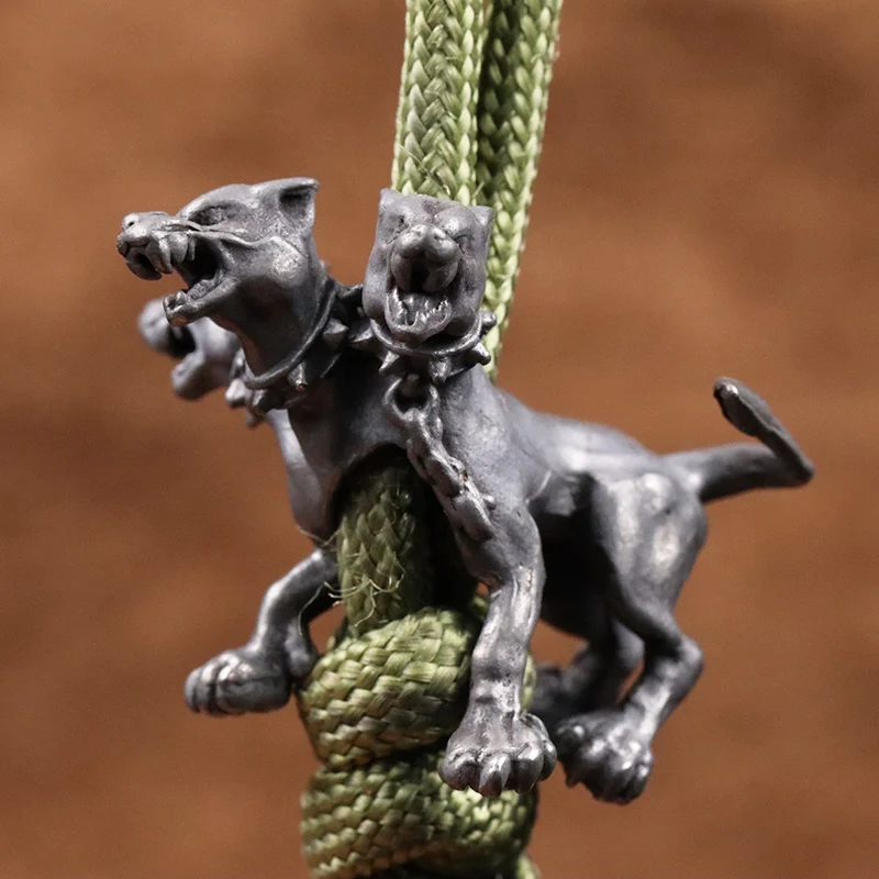 Greek Mythology Dark Demon Hell Three-headed Dog Figurines Brass Knife Beads EDC Outdoor DIY Paracord Woven Lanyard Accessories