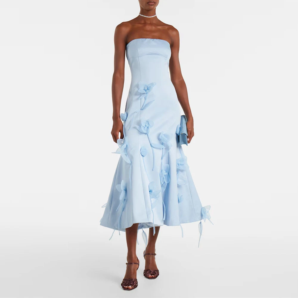 Modern Women's Evening Gown Mermaid Tea Length Formal Wedding Party Dress Strapless Saudi Dress With Flowers Prom Dress