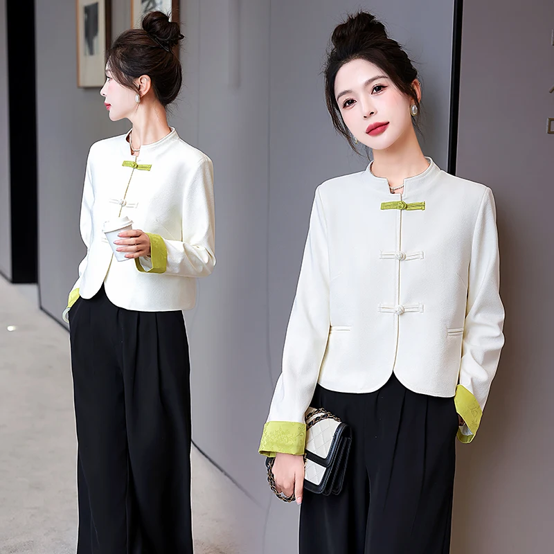 

Новая женская куртка в китайском ретро-стиле с пуговицами, цветными вставками, высококачественная, для повседневной носки, свободного кроя, удлиненная, весна-осень