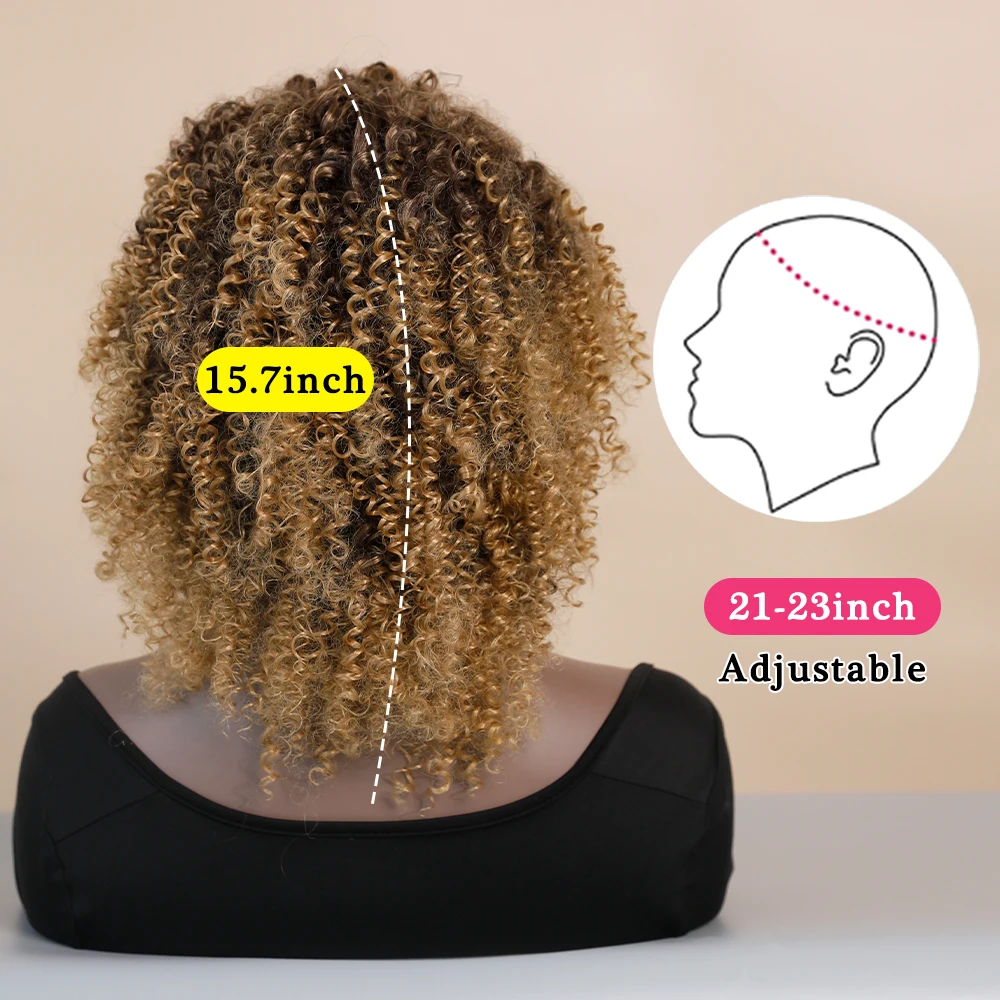Miód blond krótkie peruki z kręconymi włosami dla czarnych kobiet mieszane czarne afro-włosy syntetyczne peruka z grzywką strona codziennego użytku
