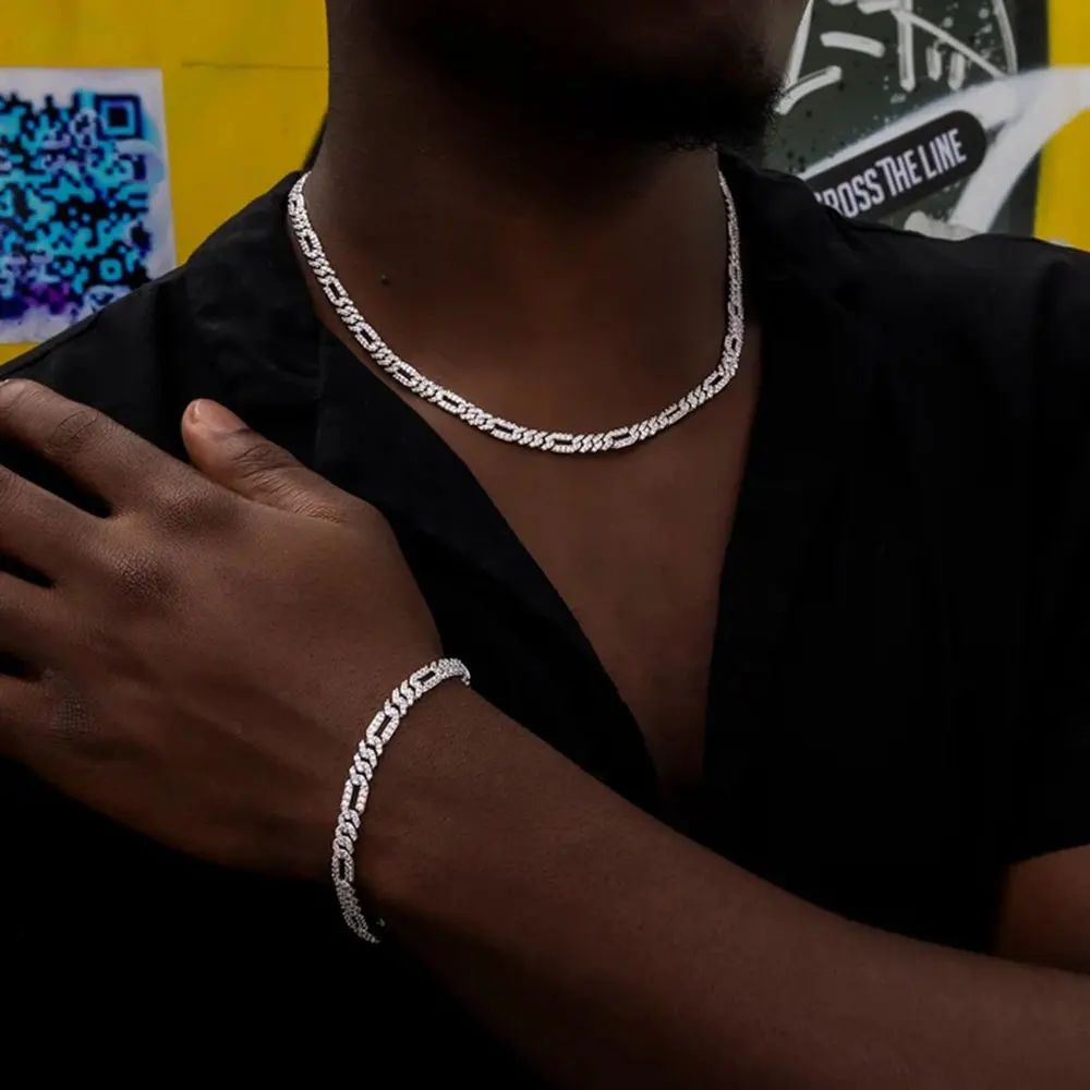 ESKEEM New Arrival 7mm Figaro Necklace Iced Out Cubic Zirconia Stones Cuban Link Style Hip Hop Chain Jewelry