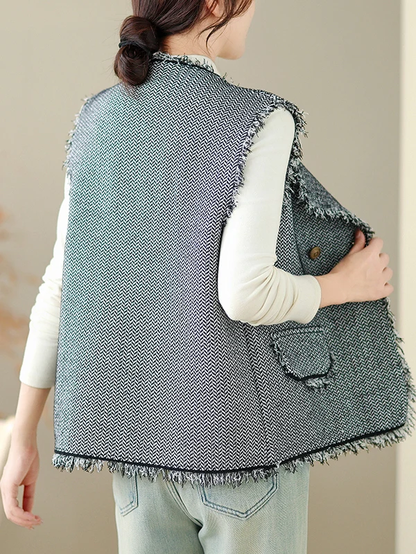 Faionable Gilet con frange Top da donna Autunno New Sle Small Fraance Sle Miscela di cotone Or Lunghezza Chiusura con bottone singolo