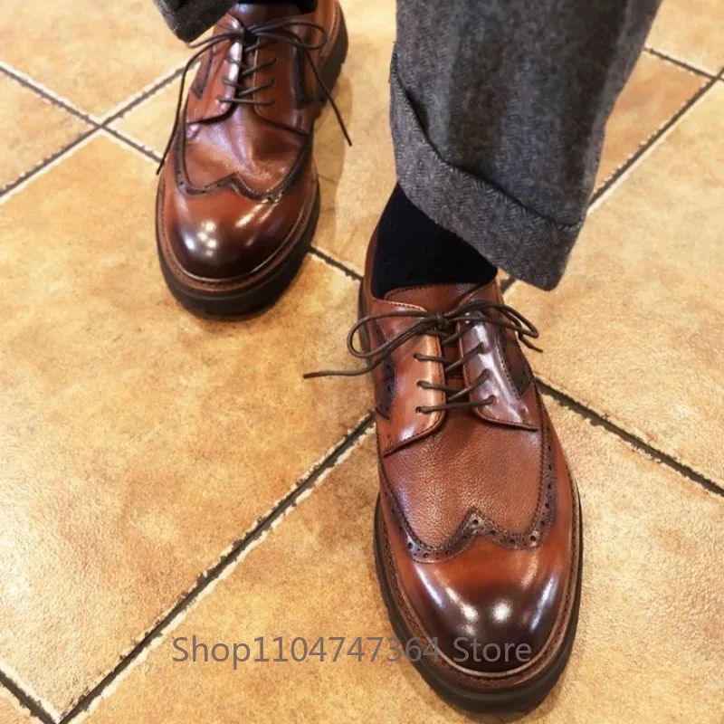 British Brogue Carved Genuine Leather Business Dress Men's Shoes Groom's Wedding Thick Sole Lace Up Casual Leather Shoes Male