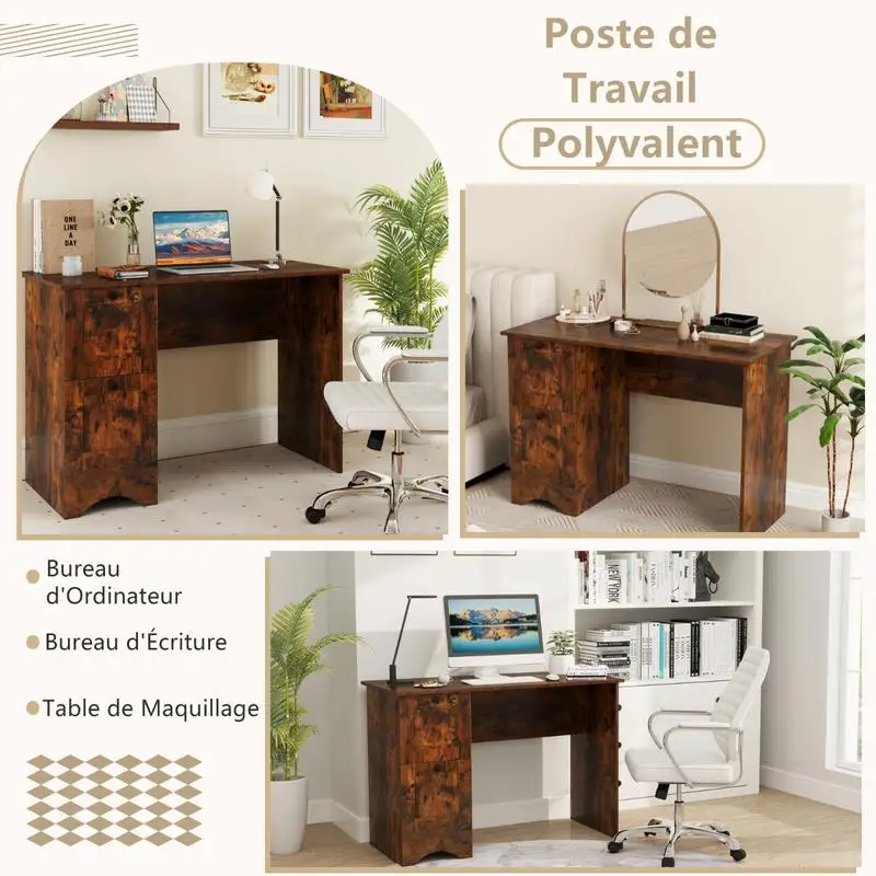 Bureau d'écriture pour la maison avec 2 tiroirs - Brun rustique