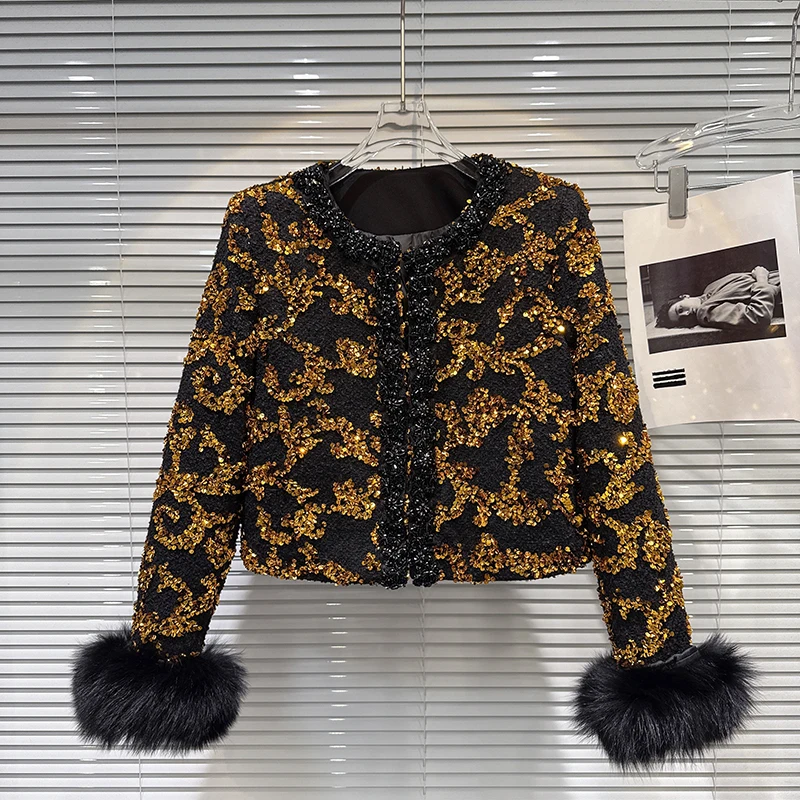 2025 Winter New Gold Bead Embroidered Nail Beaded Down Lining Jacket Women's High end Light Luxury Color Blocking Coat