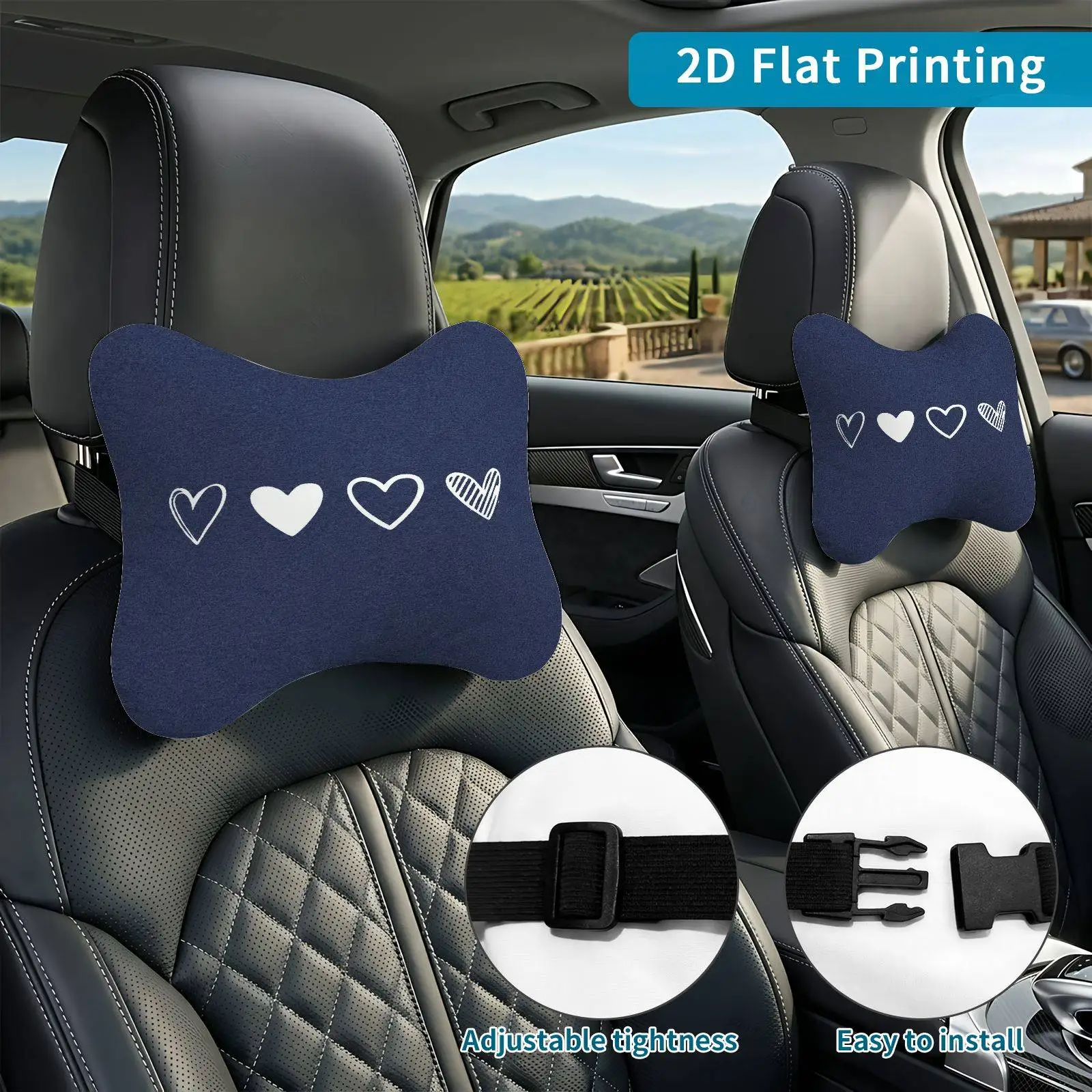 2pcs Outline Solid Striped Car Seat Headrest, Neck Support Cushion, Suitable For All Seasons Of Car Accessories, Heart Theme, Tr