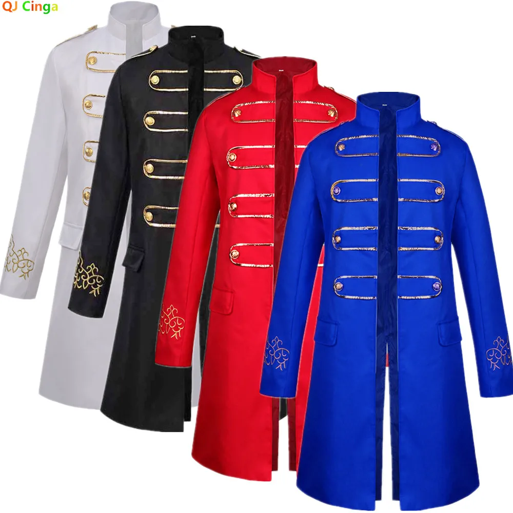 2027 Men's Halloween Trench Coat, Medieval Steampunk Embroidered Long Jacket, Cosplay/Stage Performance Costume. Black,White,Red