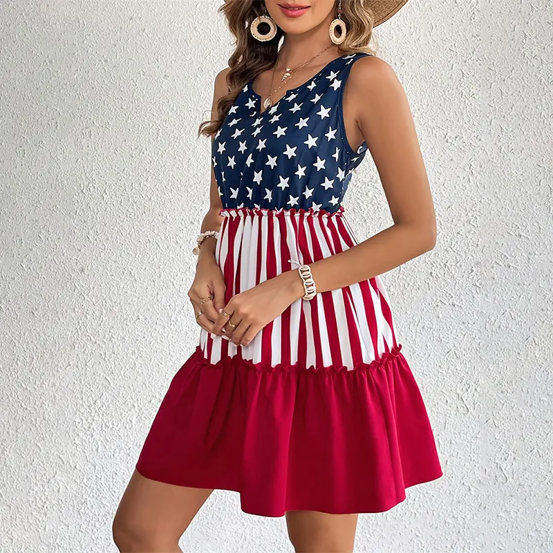 American Flag Star Short Dress High Waist Ruffle Casual Sleeveless Women Mini Summer Girl Beach Female Vest Dress Gyaru Clothes