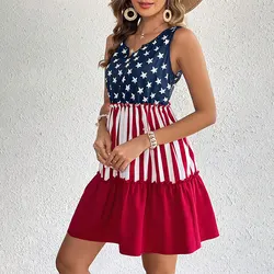 American Flag Star Short Dress High Waist Ruffle Casual Sleeveless Women Mini Summer Girl Beach Female Vest Dress Gyaru Clothes